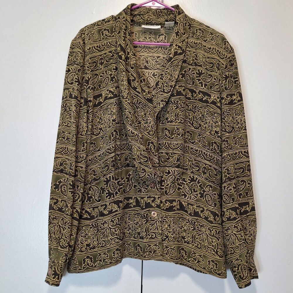 Dana Buchman Olive Ruffled Collar Button Up Silk Shirt Sz 12 Long Sleeve